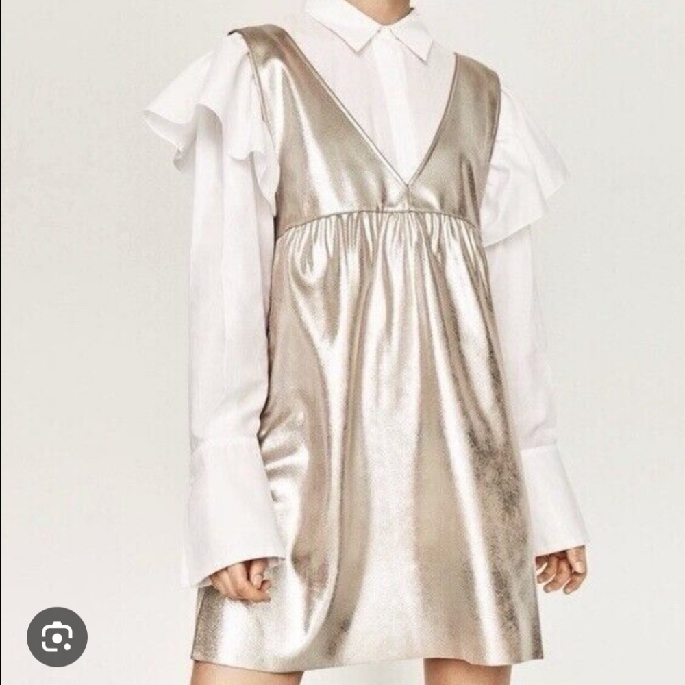 ZARA WOMEN'S METALLIC V NECK BABY DOLL DRESS WITH POCKETS SIZE MEDIUM